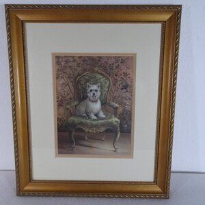 Westie Dog Print Chinoiserie by Elaine Vollherbst Gold Frame Matted 15" x 12.5"